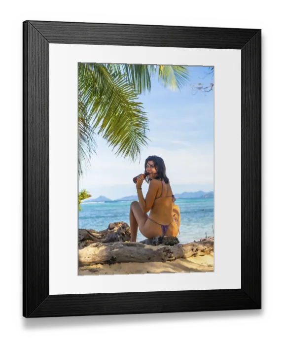 Framed Print : Young woman drinking beer on a tropical beach in the philippines Framed Print : Young woman drinking beer on a tropical beach in the philippines