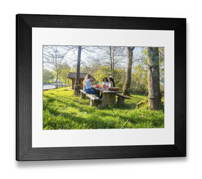 Framed Print : Three women enjoying a picnic lunch and drinks on a sunny day in a forest park