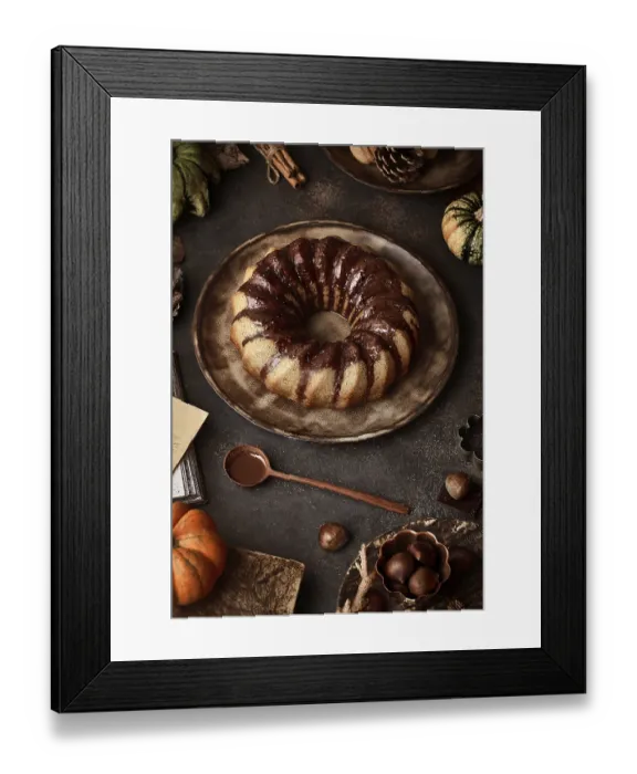 Framed Print : From above tasty appetizing pumpkin cake with chocolate cream on table decorated with autumn vegetables Framed Print : From above tasty appetizing pumpkin cake with chocolate cream on table decorated with autumn vegetables