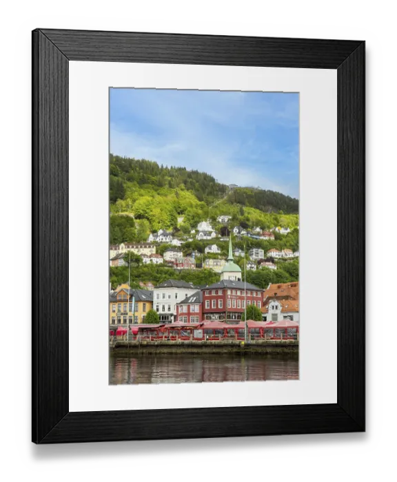Framed Print : Picturesque Bergen waterfront with Fish Market and mountain backdrop