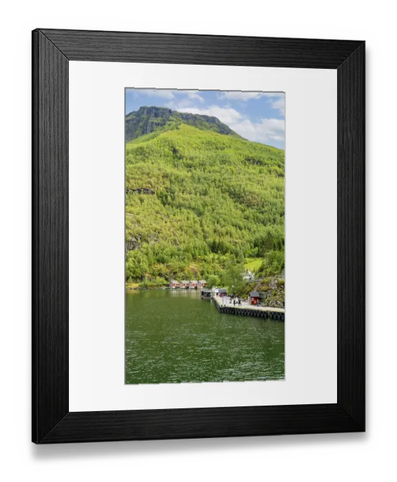 Framed Print : Lively Flam waterfront with traditional buildings and scenic fjord views