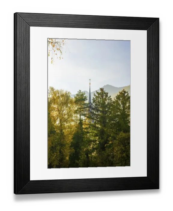 Framed Print : Beautiful Autumn Forest and Church Tower and Mountain and Sky with Sunlight in a Sunny Day in Bad Ragaz Framed Print : Beautiful Autumn Forest and Church Tower and Mountain and Sky with Sunlight in a Sunny Day in Bad Ragaz