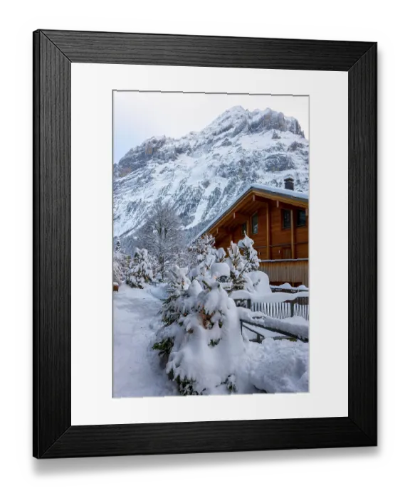 Framed Print : House and Mountain Peak Eiger in a Snowy Winter Christmas Day in Grindelwald
