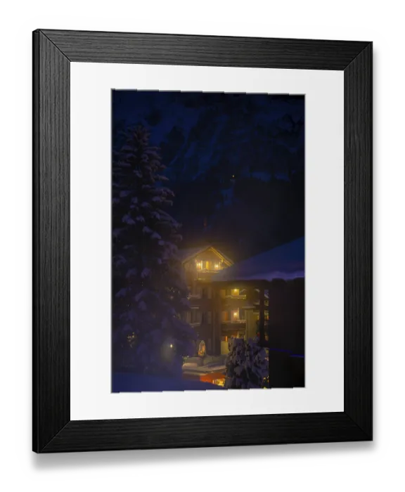 Framed Print : Illuminated House and Mountain in a Snowy Winter Night in Grindelwald