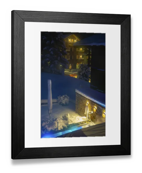 Framed Print : Illuminated House and Mountain in a Snowy Winter Night in Grindelwald