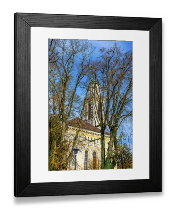 Framed Print : The Beautiful Baroque Old Town with a Church and Bare Tree in a Sunny Autumn Day in Solothurn