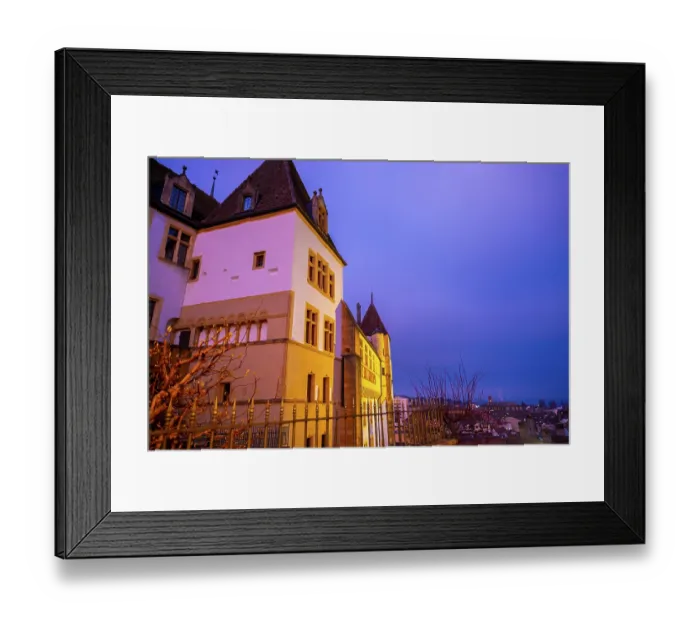 Framed Print : Neuchatel Castel in Old Town with House in Dusk in City of Neuchatel