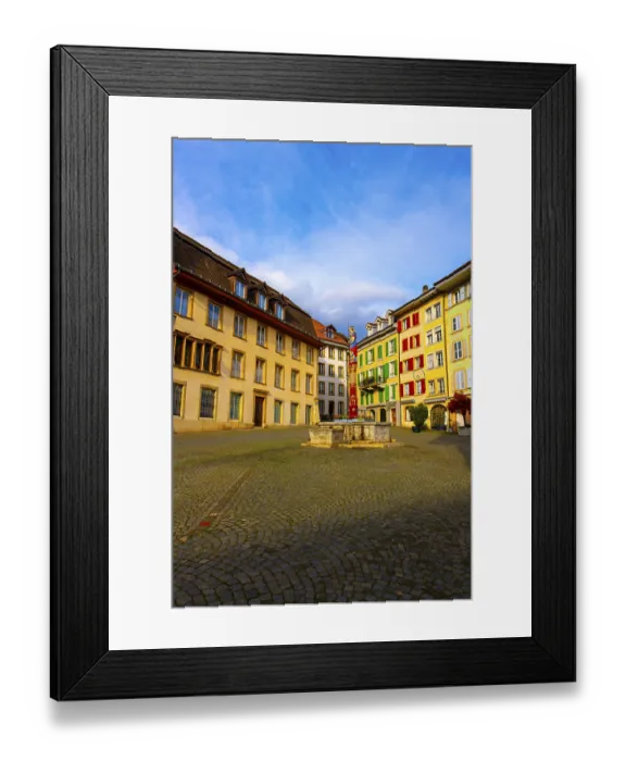 Framed Print : Square in Old Town with House and Water Fountain with Statue Justice