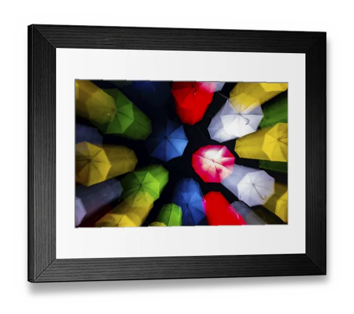 Framed Print : Many Illuminated Colorful Umbrella in Blurred Motion Hanging Against Sky at Night in Switzerland
