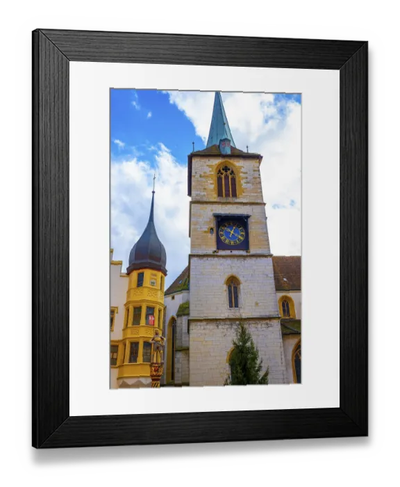 Framed Print : Old Town with House and Water Fountain with Statue and Clock Tower with Sky