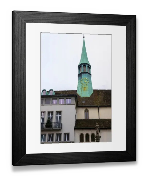Framed Print : Clock and Church Tower and House in Zurich Framed Print : Clock and Church Tower and House in Zurich
