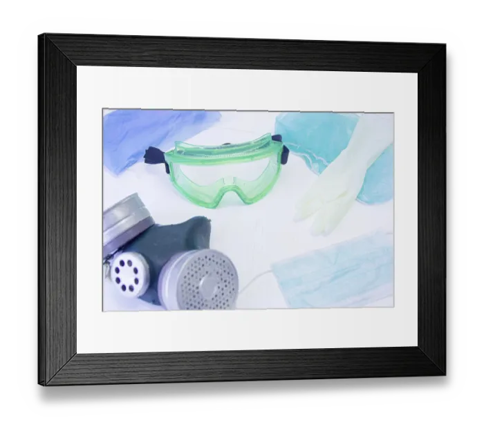 Framed Print : Scene of safety gear with goggles and a gas mask surrounded by gloves