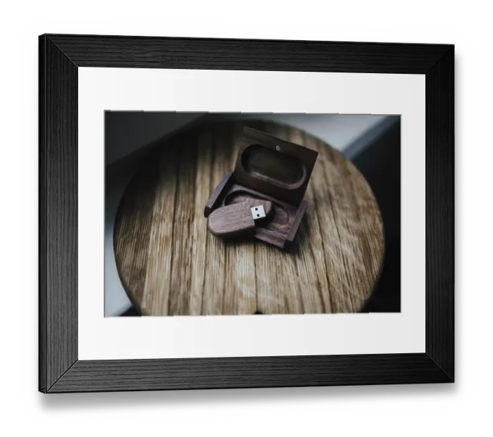 Framed Print : USB drive in a wooden case with open lid on a rustic table Framed Print : USB drive in a wooden case with open lid on a rustic table