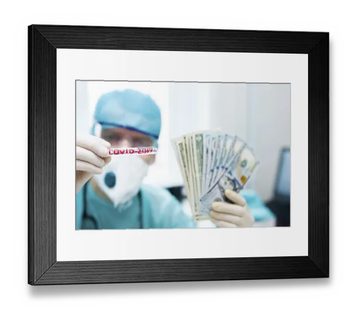 Framed Print : Healthcare worker showing COVID-2019 test tube and fan of cash Framed Print : Healthcare worker showing COVID-2019 test tube and fan of cash