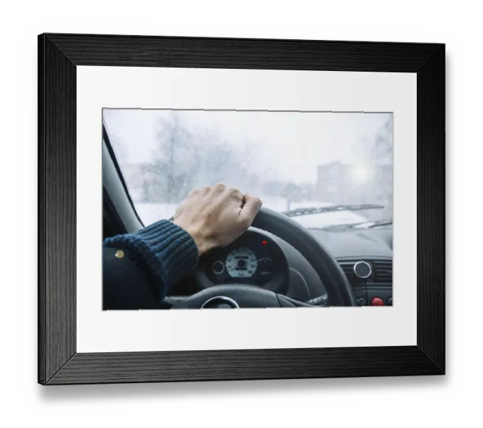Framed Print : View from inside a car with steered hand