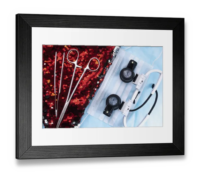 Framed Print : Surgical instruments, magnifying goggles Framed Print : Surgical instruments, magnifying goggles