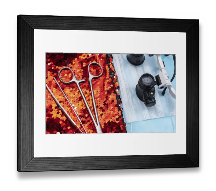Framed Print : Surgical tools, mask and goggles on vibrant red sequins Framed Print : Surgical tools, mask and goggles on vibrant red sequins