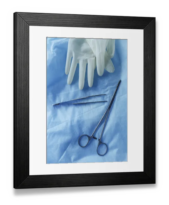 Framed Print : Sterile gloves and tools on blue background Framed Print : Sterile gloves and tools on blue background
