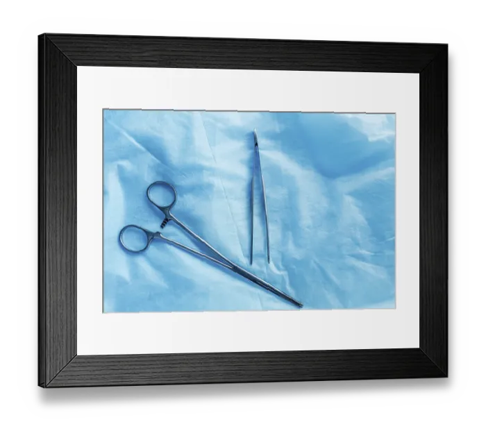 Framed Print : Simple arrangement of medical tools on a blue surface Framed Print : Simple arrangement of medical tools on a blue surface