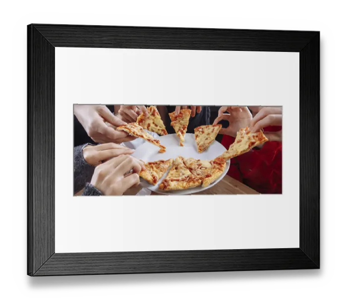 Framed Print : Hands eagerly reaching for remaining pizza slices on a plate Framed Print : Hands eagerly reaching for remaining pizza slices on a plate