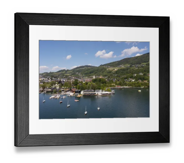 Framed Print : Drone shot, lake promenade with boats at Mondsee