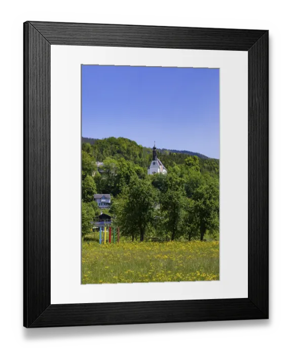 Framed Print : Spring flower meadow with pilgrimage church Mariahilf Framed Print : Spring flower meadow with pilgrimage church Mariahilf