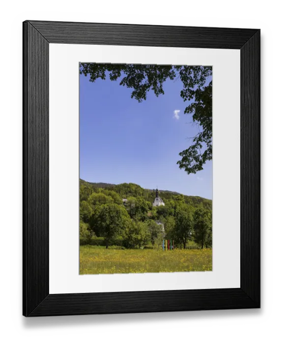 Framed Print : Spring flower meadow with pilgrimage church Mariahilf Framed Print : Spring flower meadow with pilgrimage church Mariahilf