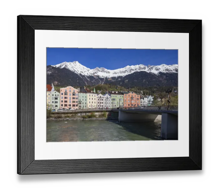 Framed Print : Colourful buildings along the Inn river with snow-covered Nordkette in the background