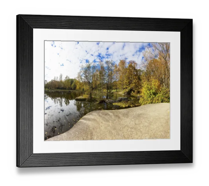 Framed Print : Fish pond with granite rocks in the Blockheide nature park Park near Gmund Framed Print : Fish pond with granite rocks in the Blockheide nature park Park near Gmund