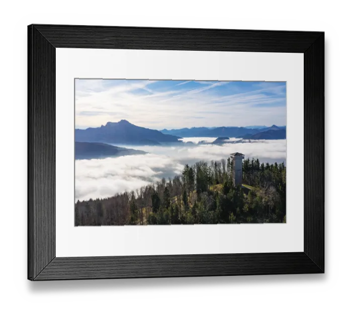 Framed Print : Drone shot, sea of fog in the Mondseeland with observation tower on the Kulmspitze