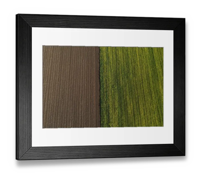Framed Print : Drone view, green and ploughed fields