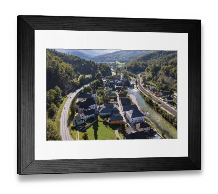 Framed Print : Drone image, river Traun, view of town with parish church Framed Print : Drone image, river Traun, view of town with parish church