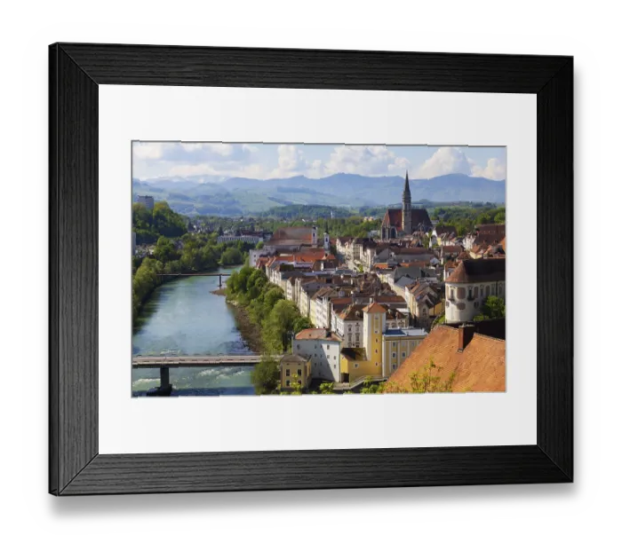 Framed Print : View from the Taborberg to the river Steyr and the old town with parish church