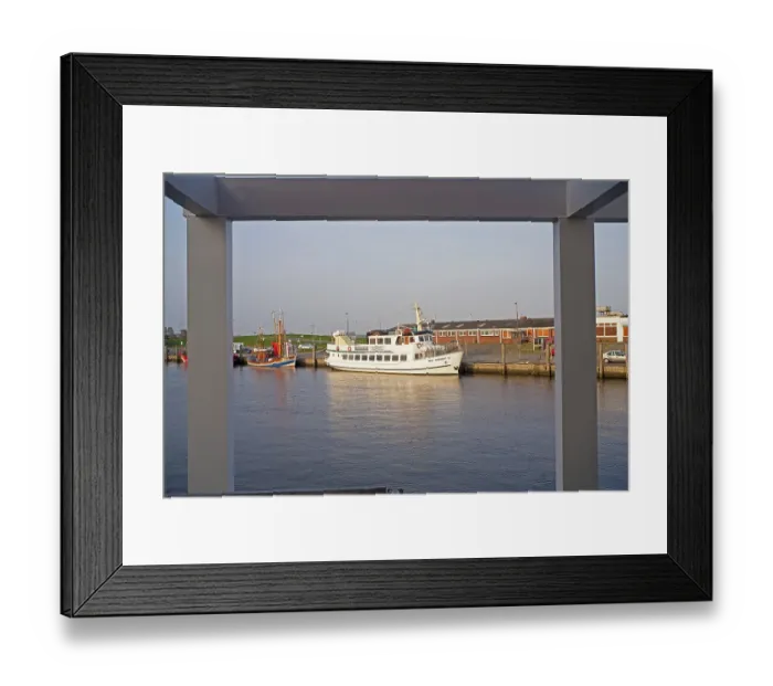 Framed Print : Ferry boat, jetty, North Sea island
