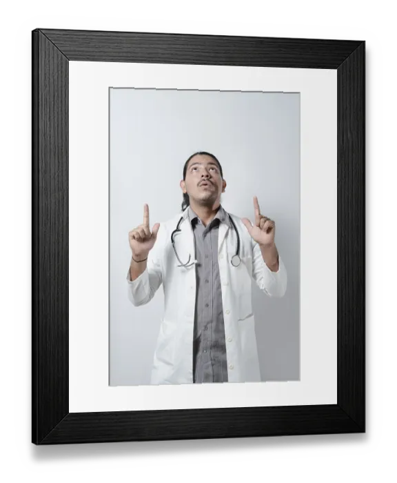 Framed Print : Shocked doctor looking up on isolated Framed Print : Shocked doctor looking up on isolated