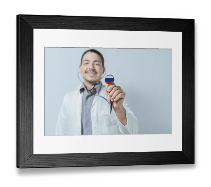 Framed Print : Smiling doctor showing stethoscope with Russia flag