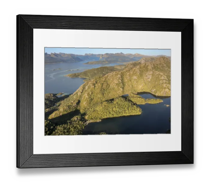 Framed Print : Aerial view of mountains and lake near Mt