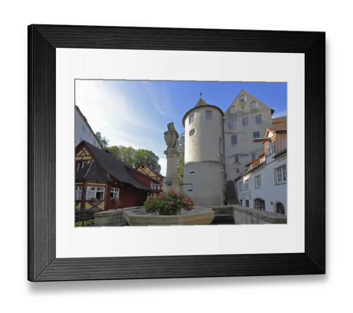 Framed Print : Bear fountain with town coat of arms in front of the historic castle