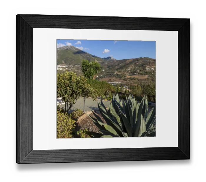 Framed Print : View over garden small hotel view to Alcaucin vitally and Maroma mountain upper left