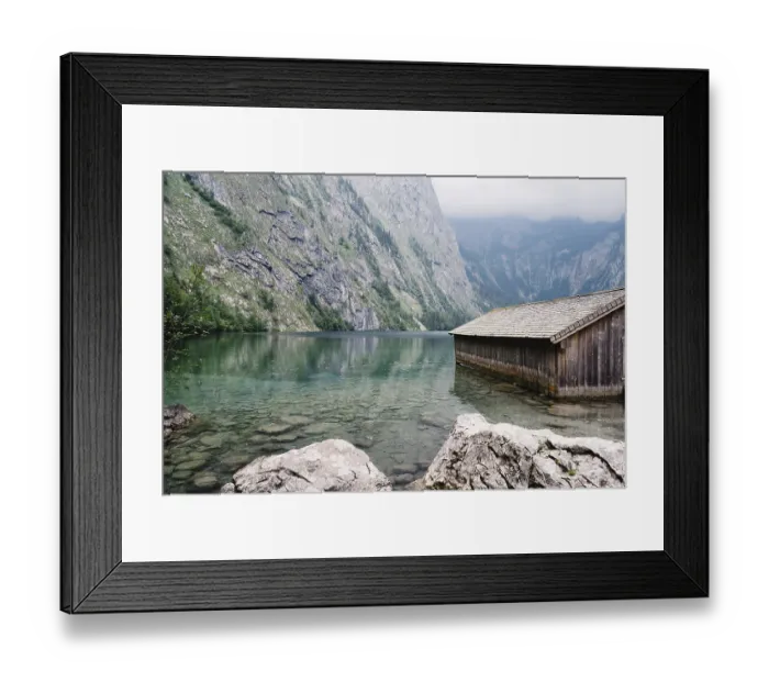 Framed Print : Wooden cottage in beautiful lake in the Alps with misty mood