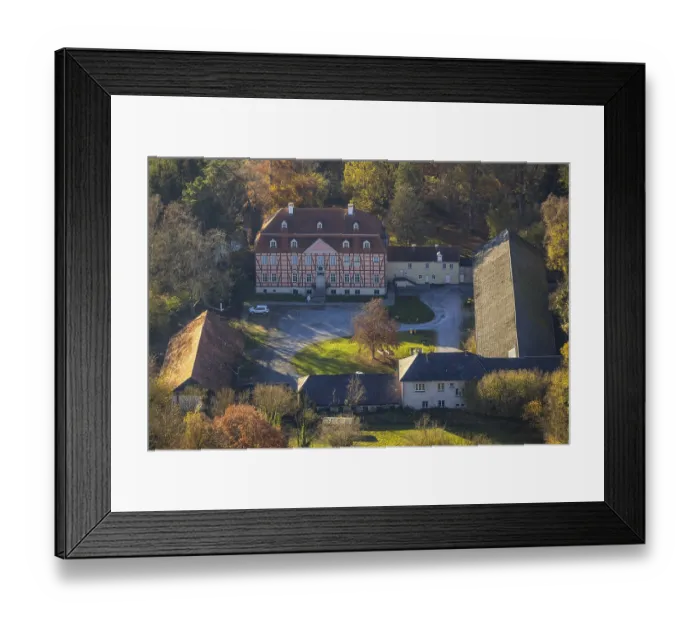 Framed Print : Aerial view, half-timbered house Gut Rodinghausen with the Menden Industrial Museum in the district of Lendringsen Framed Print : Aerial view, half-timbered house Gut Rodinghausen with the Menden Industrial Museum in the district of Lendringsen