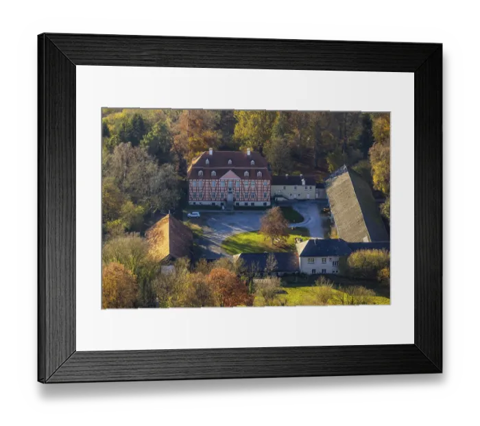 Framed Print : Aerial view, half-timbered house Gut Rodinghausen with the Menden Industrial Museum in the district of Lendringsen