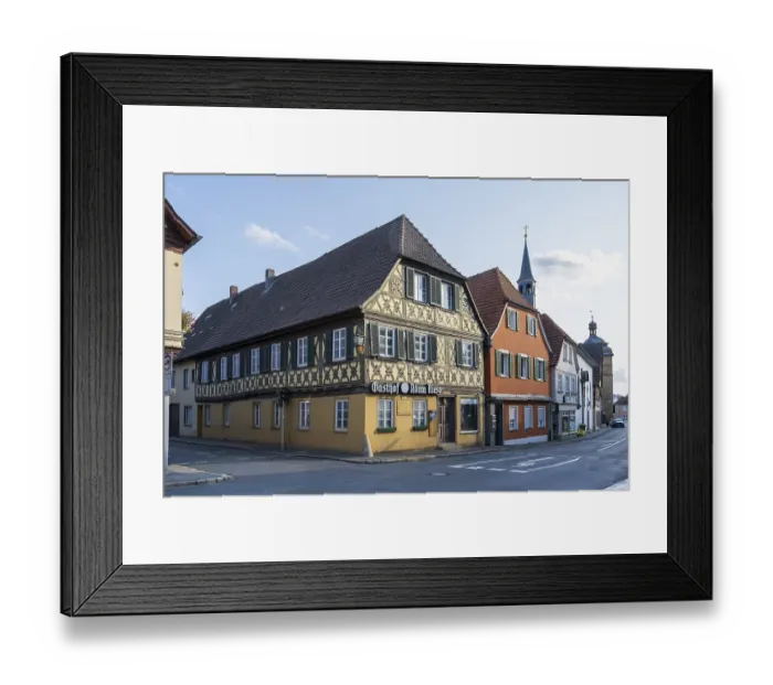 Framed Print : Gasthof Adam Riese, half-timbered building