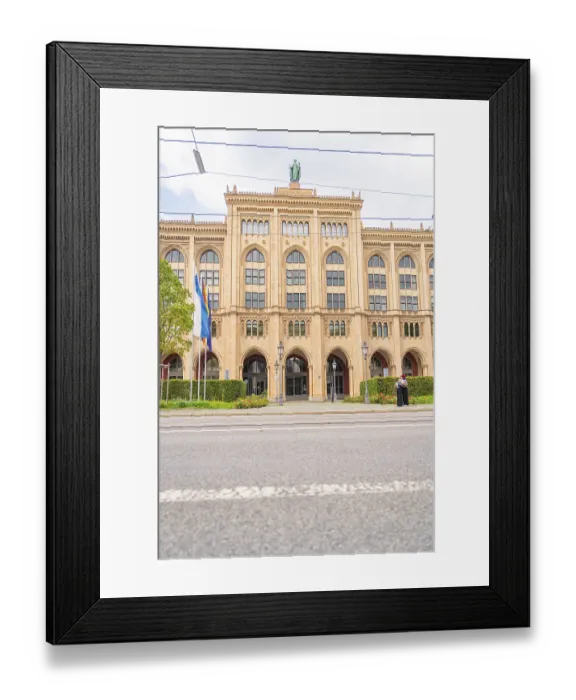 Framed Print : Front view of an imposing historic building with flags and green plants