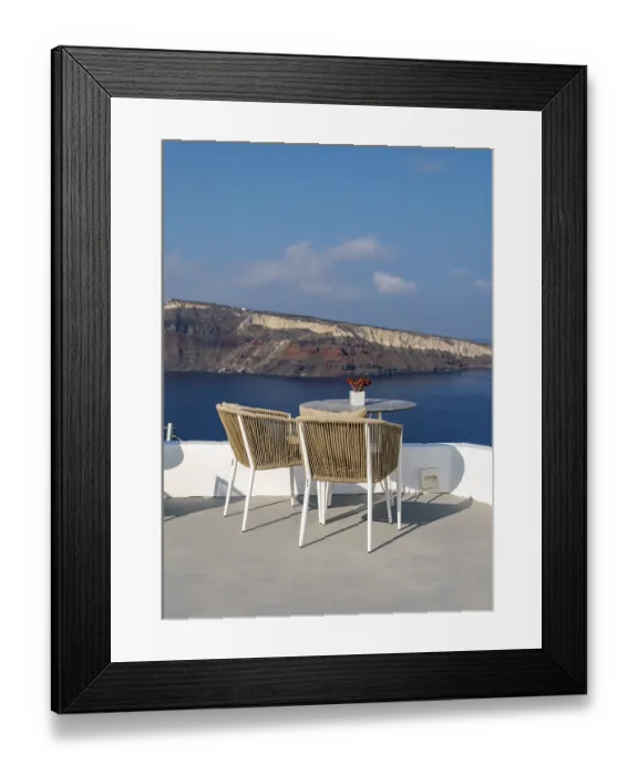 Framed Print : Sea view from terrace with chairs and table Framed Print : Sea view from terrace with chairs and table