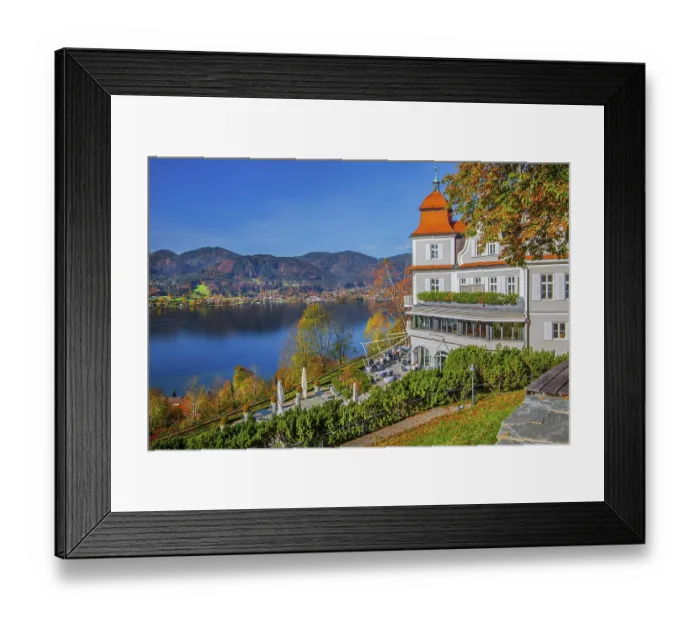 Framed Print : Hotel Das Tegernsee with sun terrace overlooking the lake in autumn Framed Print : Hotel Das Tegernsee with sun terrace overlooking the lake in autumn