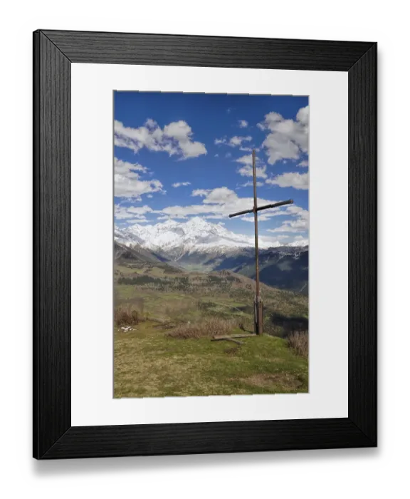 Framed Print : Cross over Mestia with mountains in the background