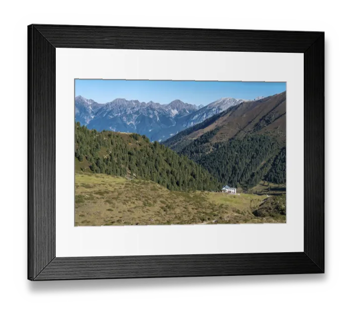 Framed Print : View at the Senders valley and Adolf Pichler mountain hut near Kemater Alm in Austria with high rising mountains