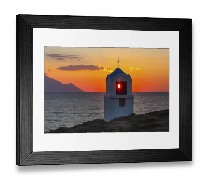 Framed Print : Small greek chapel and mount Athos at sunrise or sunset and sea panorama in Greece