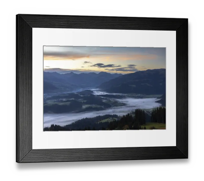 Framed Print : View from the Astbergsee lake into the Lenkental valley towards Kitzbuhel